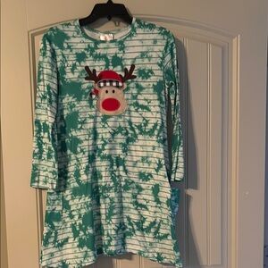 Green Tie-Dye Reindeer Long Sleeve Dress with pockets